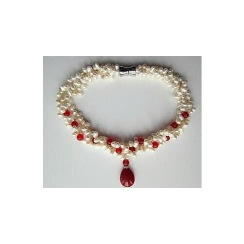 3 Row Freshwater Pearl & Red Jade Bead Necklace