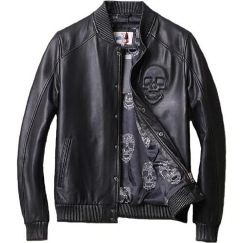 4XL Oversized Mens Real Leather Jacket American Style Plus Size XXXXL Skull Pattern Mans Sheepskin Leather Jackets Spring A785