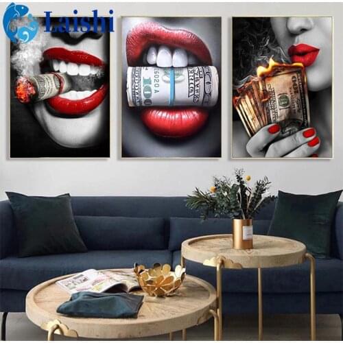 5D Diamond Painting Art red lips, girl, fire, money, series Full drill Round Diamond Embroidery Diamond Art Rhinestones decor