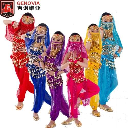 6 pcs Kids Girls Belly Dance Dress Sparkle Coins Tops Pants Dance Carnival Outfits Chiffon Performance Set Halloween