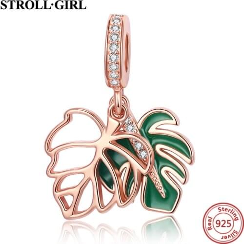 925 sterling silver Monstera bead green enamel leaf zircon rose gold plant pendant charm fit European bracelet for women Jewelry