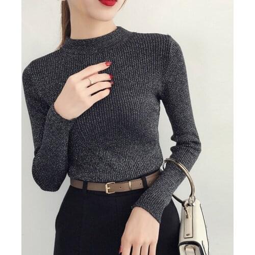 Shiny Lurex Autumn Winter Sweater Women Long Sleeve Pullover Basic Sweaters Turtleneck 2020 Korean Style Knit Slim Tops New