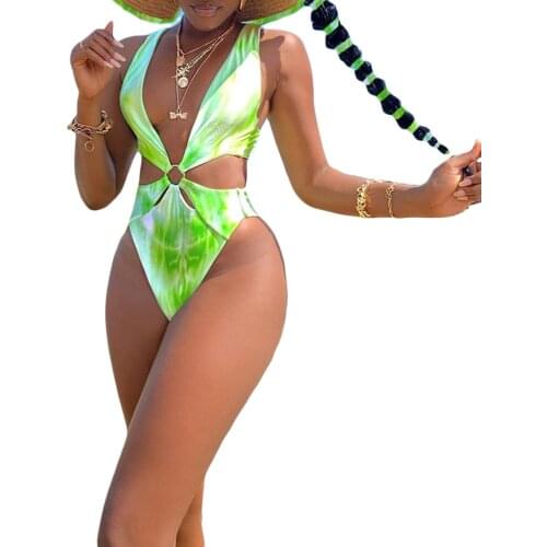 Women Tie Dye Print One Piece Swimwear Sleeveless Low Cut Bra Ring Connected High Waist Panties for Beach