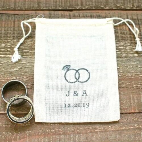 Customize 2pcs wedding ring bag, cotton ring bags, ring warming initials date ring bearer accessory, cloth wedding ring packet