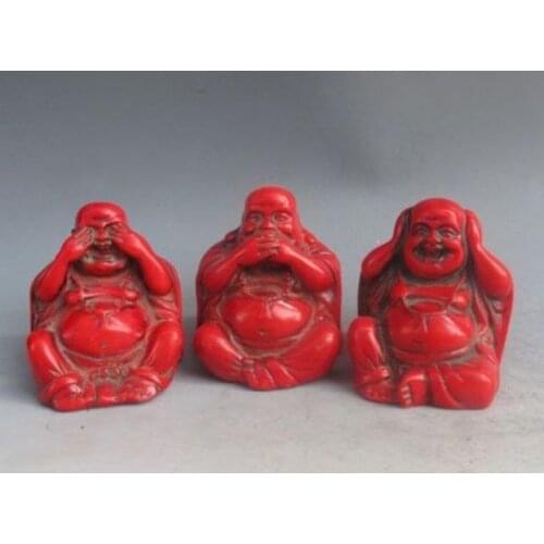 3 Pcs / Elaborate Chinese Old Artificial Red Coral Resin Buddha Statues