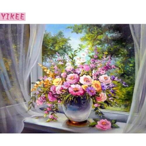 Christmas gift DIY hobby oil painting by numbers still life,flowers in window painting by numbers