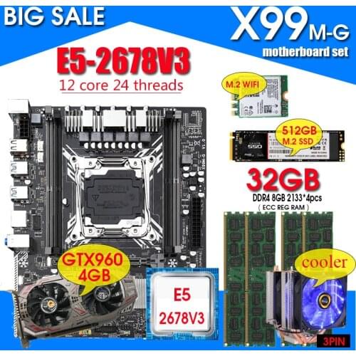 X99 motherboard combo with Xeon E5 2678 V3 LGA2011-3 CPU 4pcs X 8GB = 32GB DDR4 memory GTX960 4GB GPU NVME 512GB M.2 WIFI card