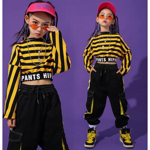 Kids Jazz Dance Clothes Girls Costume Stripe Top Children Stage Show Wear Performance Suit Child Dance Outfit Black Hiphop Pants