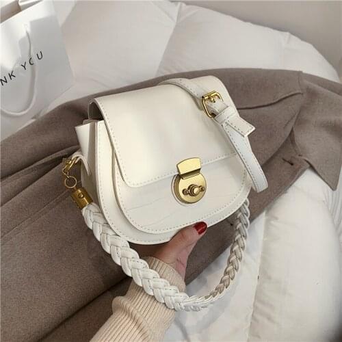 Fashion Braided Strap Saddle Small Shoulder Bags For Women Round Metallic Push Lock PU Leather Ladies Crossbody Bags Trends 2021