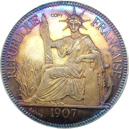 French Indochina 1907 A 1 Piastre Commerce Coin REPUBLIQUE FRANCAISE Cupronickel Silver Plated Copy Coins