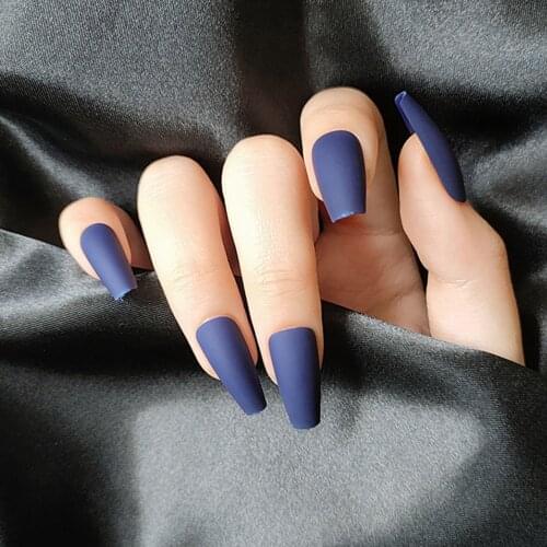 24pcs False Nails With Glue Matte Matte Dark Blue False Nail Removable Nail Patch Press On Nails Coffin