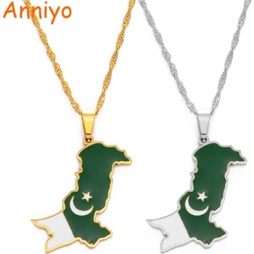 Anniyo Pakistan Map & Flag Pendant Necklaces Stainless Steel and Silver Color/Gold Color Pakistani Ethnic Jewelry #157721