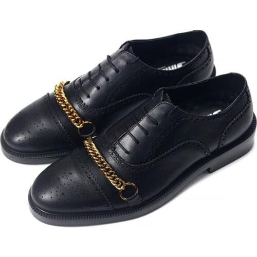 Fashion Chain Party Black Men Shoes Carved Genuine Leather Lace up Oxfords High Top Formal Mens shoes Brogue shoes for men