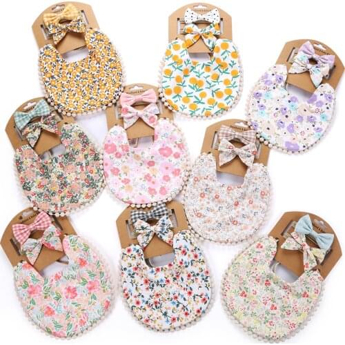 ON SALE 1set Baby Boy Girls Bibs & Headband Floral Dot Plain Print Tassel Dinner Saliva Towel Vintage Double Side Clothing Stuff