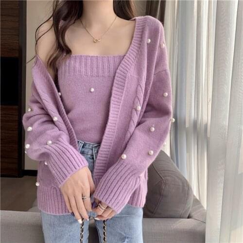 Wenfly Women Clothing Hot Sale Knitting Pearl Two Piece Sets Loose Cardigan Sweater Sexy Suspender Strapless Sheath Tops