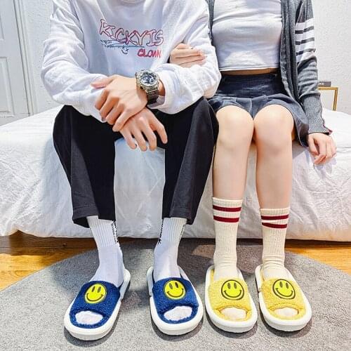 2021 Womens Half Slippers Smiley Face Winter Fluffy Fur Slippers Indoor Slides Women Cute Platform Bedroom House Slippers Women