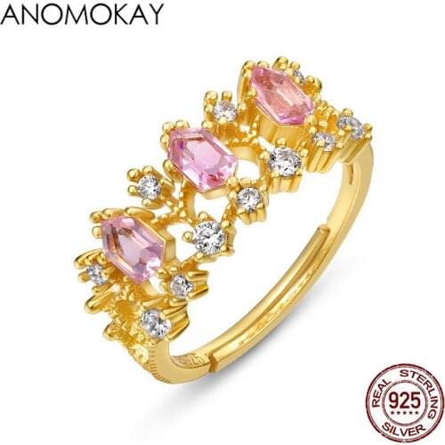 Anomokay Luxury Pink CZ Gold Color Mom Lovers Women Rings 100% Sterling 925 Silver Morganite Hollow Crown Rings Jewelry Gift