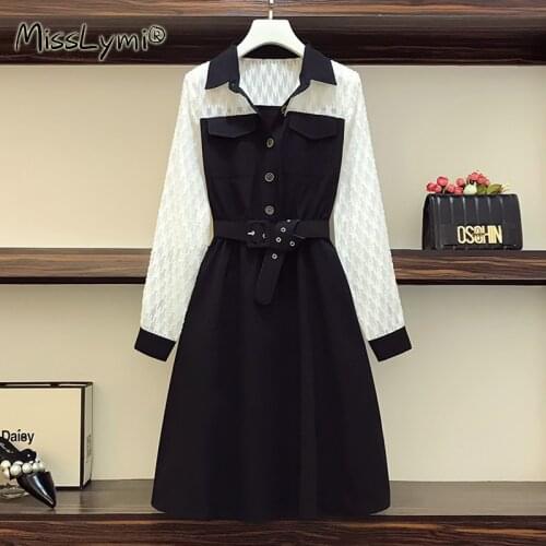 5XL Plus Size Women Elegant Dress Spring 2021 Turn-down Collar White Chiffon Jacquard Long Sleeve Patchwork Loose A-Line Dresses
