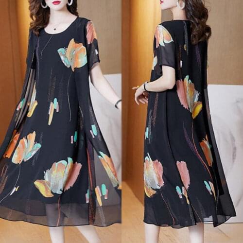2021 Summer Women Clothing Middle-aged Chiffon Dress Fashion Elegant Casual O Neck Print Short Sleeve Dress Female Vestidos X26