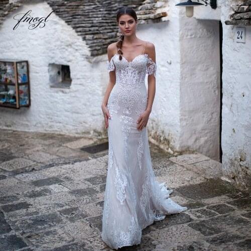Fmogl Sexy Backless Sweetheart Lace Mermaid Wedding Dress 2021 Luxury Spaghetti Straps Appliques Sweep Train Trumpet Bride Gown