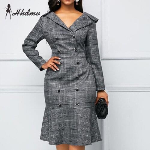 2020 Hot List Vintage Plaid Mature Plus Size Daily Sexy Style Notched Full Sleeve High Waist Women Mermaid Midi Dress