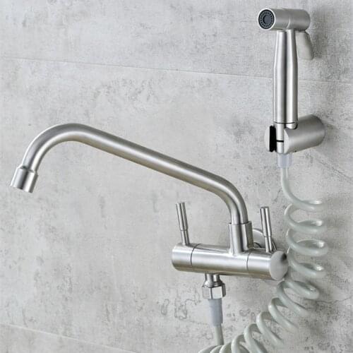 Balcony in-wall single cold wall outlet faucet kitchen sink double switch double control with spray gun 304 stainless steel