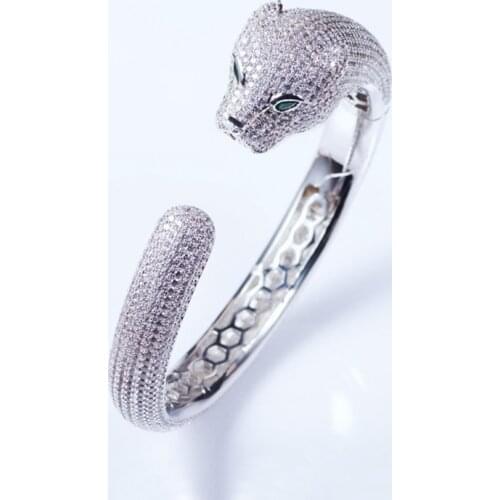 Full Zircon Stone Leopard Bangle Green Eyes Panther Open Cuff Bracelet Same Ring Design for Men Women Wedding Party Jewelry