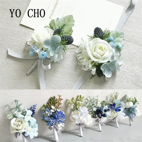 YO CHO Prom Wrist Corsage Bracelet Bridesmaid Hand Flower Wedding Birthday Party Silk Orchid Rose Bride Hand Boutonniere
