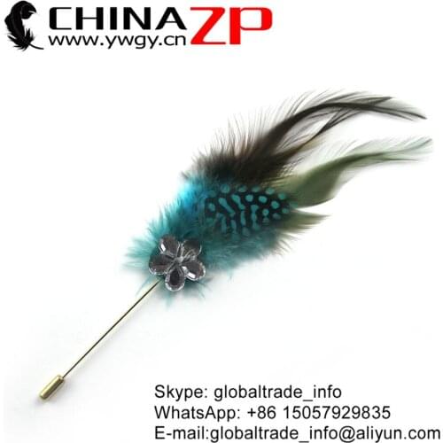 CHINAZP Factory Top Quality Dyed Turquoise Rooster Saddle and Guinea Feathers with Rhinestone Handwork Brooch Pin