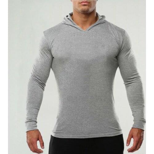 Mens Bodybuilding Long Sleeve T shirt Hooded Man Sportswear Cotton Slim Fit Gym T-Shirt Male Workout Jogger Fitness Clothing