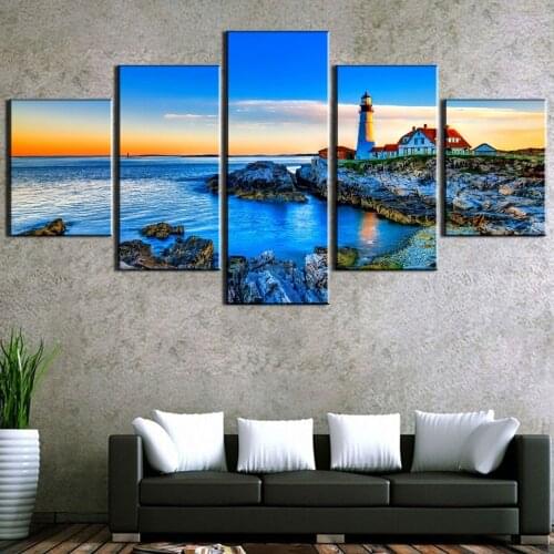 Wall Art Home Decoration Canvas Painting 5 Panel Lighthouse In The Distance Landscape Pictures Prints Modular Poster Living Room