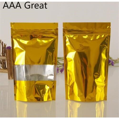 100Pcs/Lot Aluminum Foil Bag Packaging Pouches Food Coffee Tea Mylar Foil Bags Storage Stand Up Zip Lock Gold Snacks Front Clear