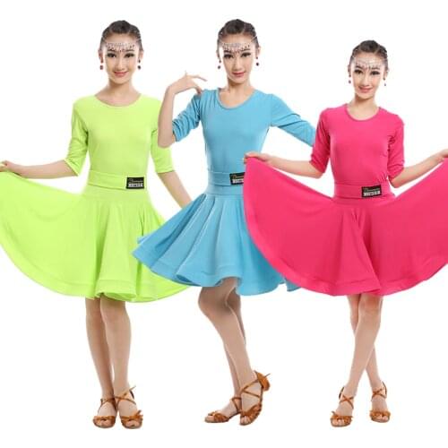 Girls Green Blue Latin dancing dress Kids Ballroom Salsa Dance wear Outfits Childrens Party Stage wear costumes long sleeve