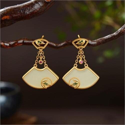 Natural Hetian Jade Bamboo Leaf Stud Earrings Palace Style S925 Sterling Silver White Jade Small Fan Shaped Stud Earrings Palace