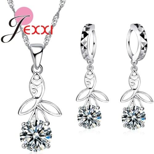 Party Jewellery Cute Girl Lovely Jewelry Sets 925 Sterling Silver Funny Fish Design CZ Necklace Earrings Fast Shipping