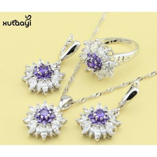 XUTAAYI Top Quality Silver color Jewelry Sets For Women Purple Cubic Zirconia Scarce Necklace/Rings/Earrings Wedding Jewelry