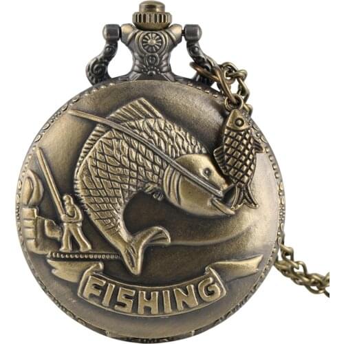 Vivid Fishing Carving Design Quartz Pocket Watch Vintage Bronze Interesting Design Angling Clock for Men Women + Fish Accessory