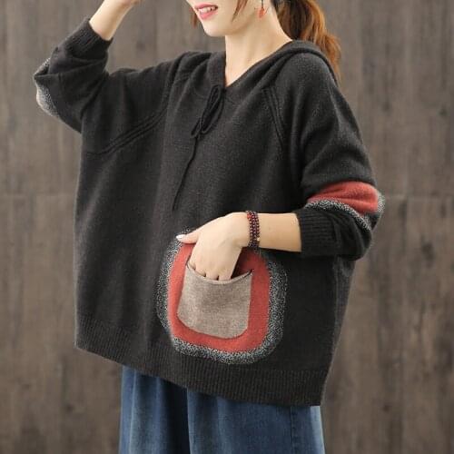Plus Size Wool Knitted Jacket Women 2020 New Distressed Color Matching Pocket Loose Hooded Sweater Coat Oversized Pullover Y164