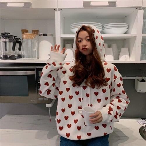 2021 Cute Heart Print Hoodie Women Japanese Gothic Tops Loose Casual Autumn Long Sleeve High Street Punk Japan Hoodie Streetwear