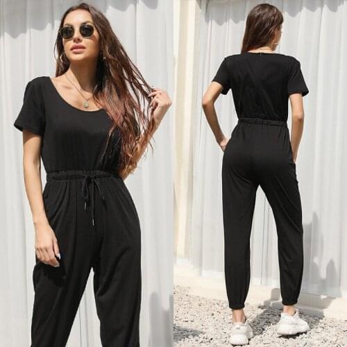 2021 Summer Jumpsuits EU & US Fashion Thin Section Solid Color Lace-up Leisure Trousers Polyester-Cotton Black Jumpsuit Women
