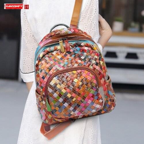 2020 Genuine Leather Women Backpack Female Shoulder Bag Fashion Small Backpack Woven Casual Ladies Backpacks First Layer Cowhide