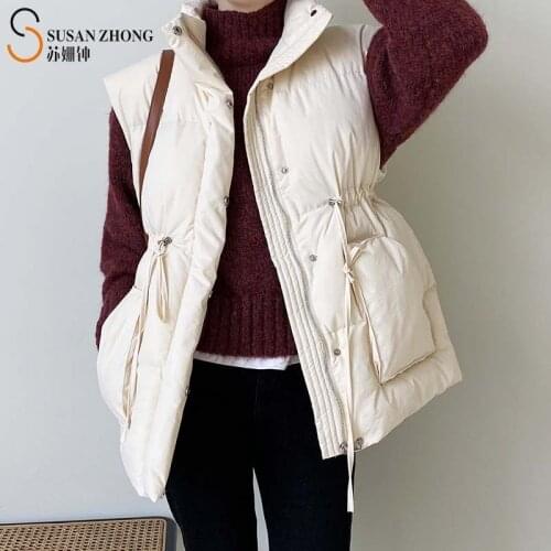 Women Winter Vests Female Waistcoat Sleeveless Ladies Stand Collar Zipper Placket Designed Lace-Up Waist Big Pockets Chic Autumn