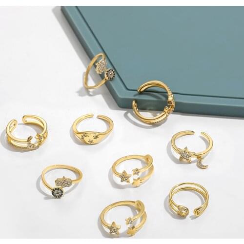 Gold Color Moon Star Hand Evil Eyes Opening Finger Ring for Women Charm Paved Cubic Zirconia Rings Luxury Wedding Jewelry Gift