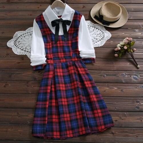 Women Casual Dress Turn Down Collar Faux Two Piece Plaid Loose Dress