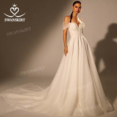 Romantic Beaded Wedding Dress 2021 Appliques Sleeveless A-Line Court Train Bridal Gown Princess SwanSarah W116 Vestido De Novia