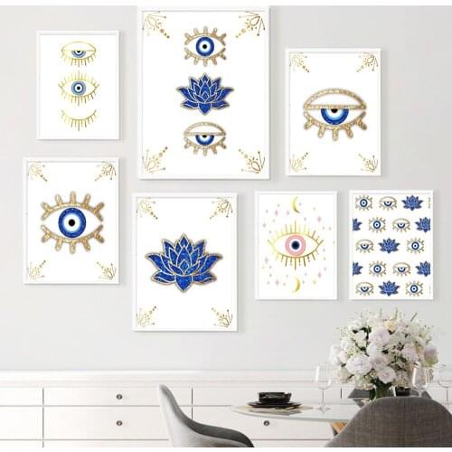 Evil Eye Golden Blue Pink Shiny Lotus Wall Art Canvas Painting Nordic Poster, Bohemian Style Room Decoration Poster