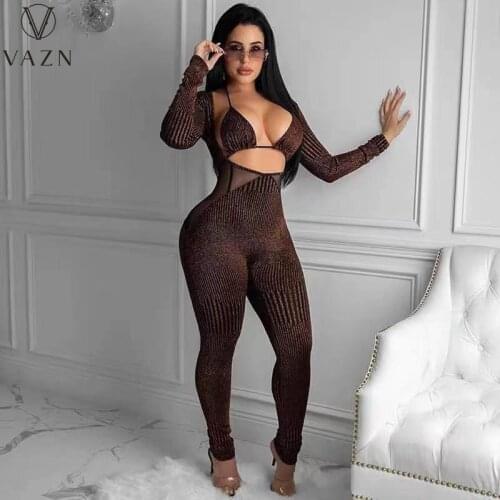 VAZN 2021 INS Hollow Out Open Night Party Lady Sexy Young Solid Full Sleeve Women Slim Long Pencil Jumpsuits