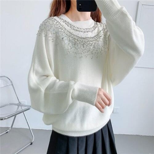 Beaded Batwing Sleeve Sweater Women Oversized Sweater 2020 Fashion Ladies Clothes O-Neck White Pullover Tops