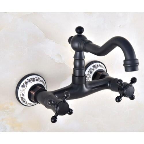 Black Oil Rubbed Bronze Bathroom Kitchen Sink Faucet Mixer Tap Swivel Spout Wall Mounted Double Handles mnf817
