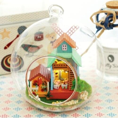 B007 Children Wind Fantasy Glass Ball DIY Wood Doll House Model Building Kits Windmill house Villa Assembly Furniture Puzzle Toy